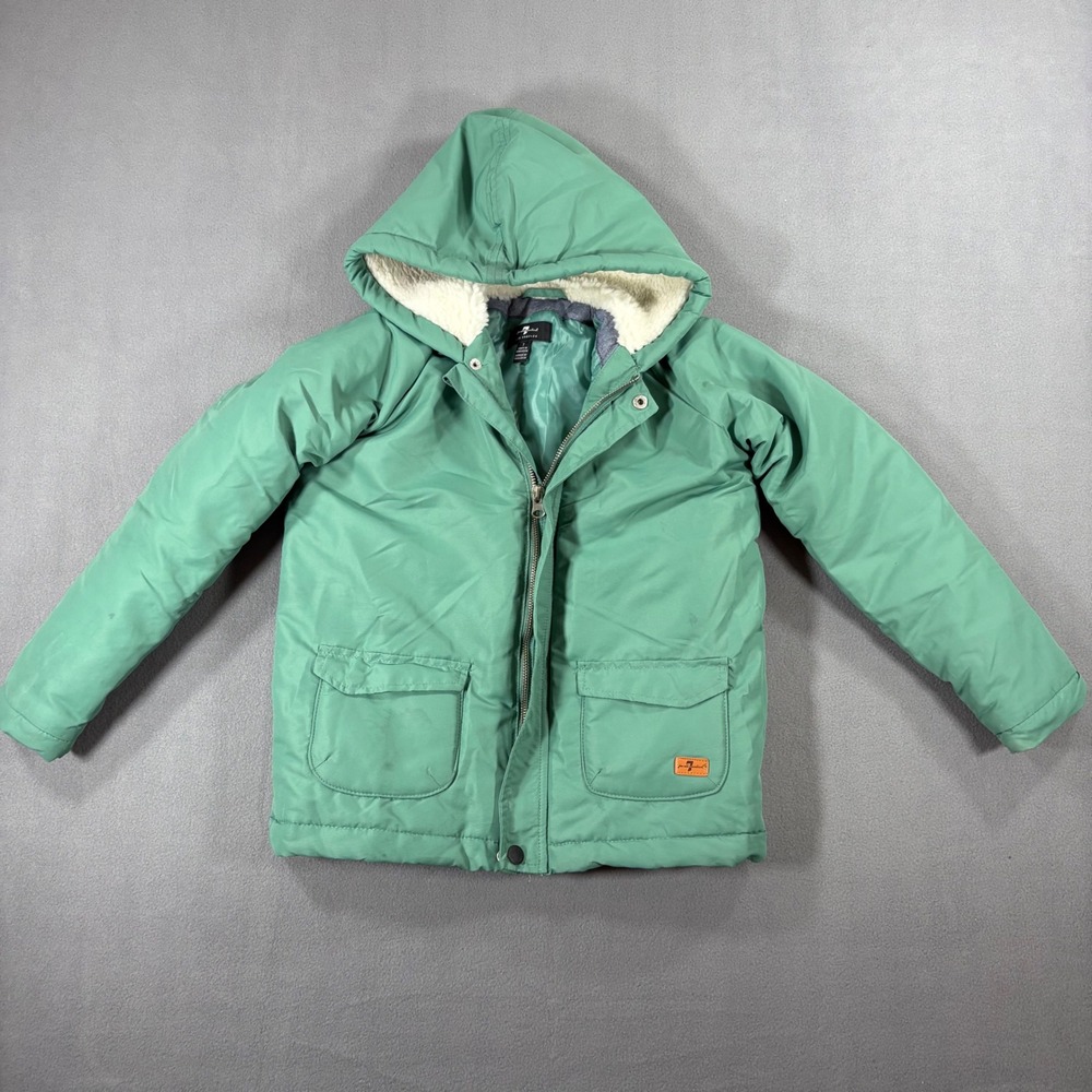 7 For All Mankind Puffer Jacket Kids Size 7 Green Good Hooded Faux Shearling